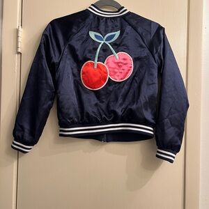 Gymboree Girls Cherry Letterman Jacket Size Large 10-12 Satin Navy‎